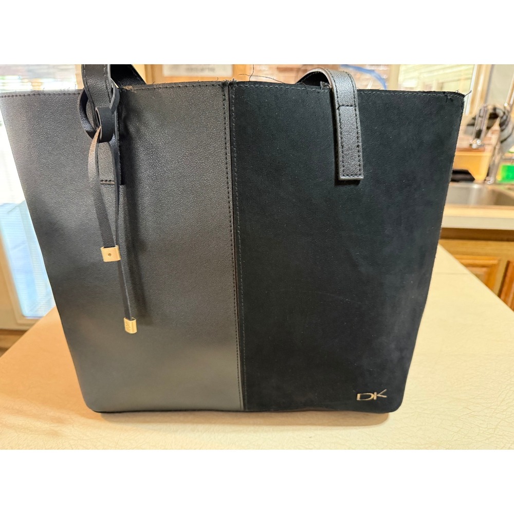 Donna Karan Black Faux Leather Suede Mixed Media Tote Bag DK Cosmetics Shoulder